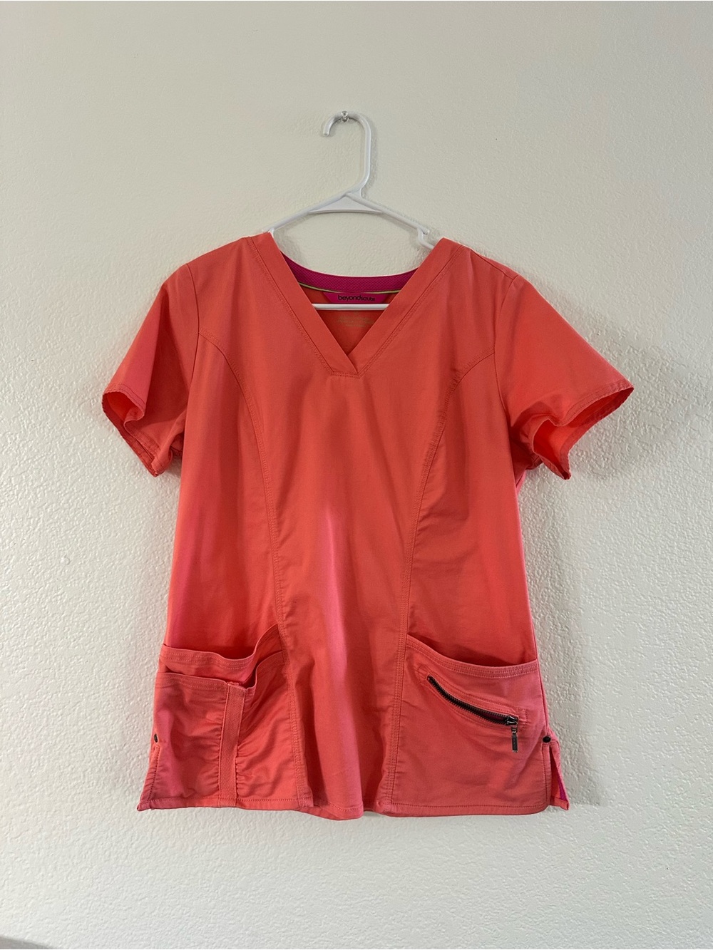 Coral V-Neck Medical Scrub Top with Pocket Zipper